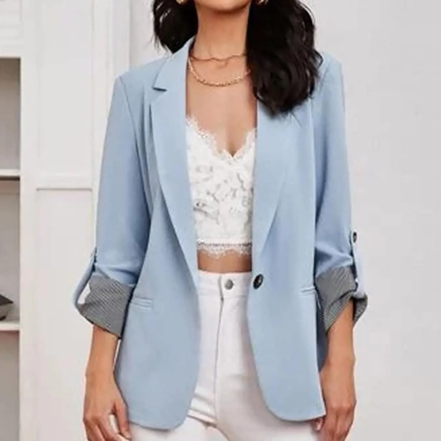2022 Trendy Blazer Tops for Womens One Button Casual Business Blazer Jackets Women's Lapel Solid Blazers with Pockets
