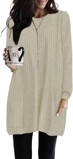 2025 Long Shirts for Women to Wear with Leggings Long Sleeve Tunic Tops Loose Fit Dressy Tunic Sweaters with Pockets