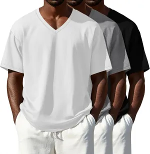 3 Pack Men's 95% Cotton Big and Tall Shirts V Neck L-5xl Plus Size Short Sleeve Soft Casual 2025 Summer Tee