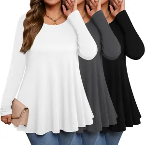 3 Pack Women's Plus Size Tunic Top Casual Long Sleeve Shirts Knitted Loose Fit Blouse Wear with Leggings