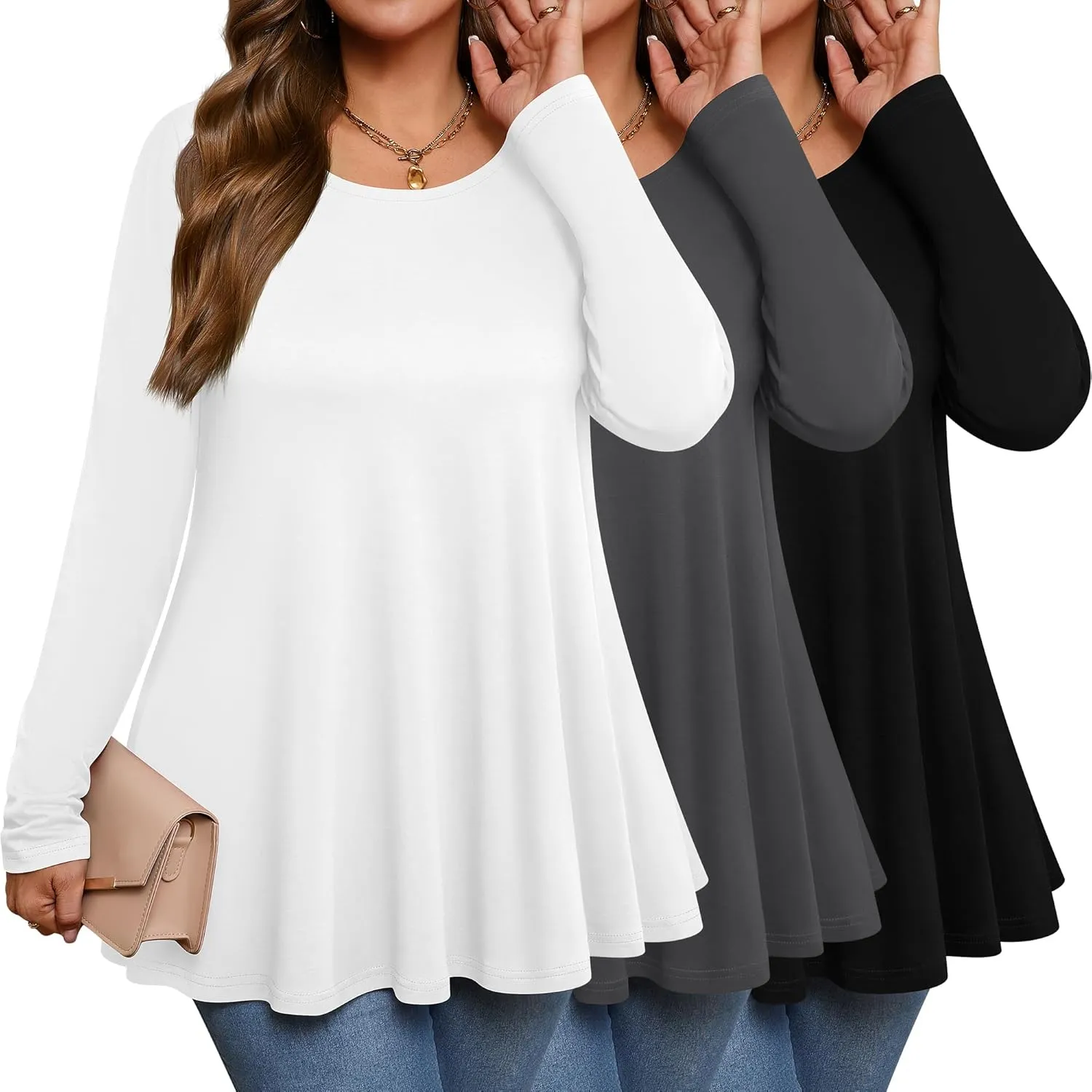 3 Pack Women's Plus Size Tunic Top Casual Long Sleeve Shirts Knitted Loose Fit Blouse Wear with Leggings