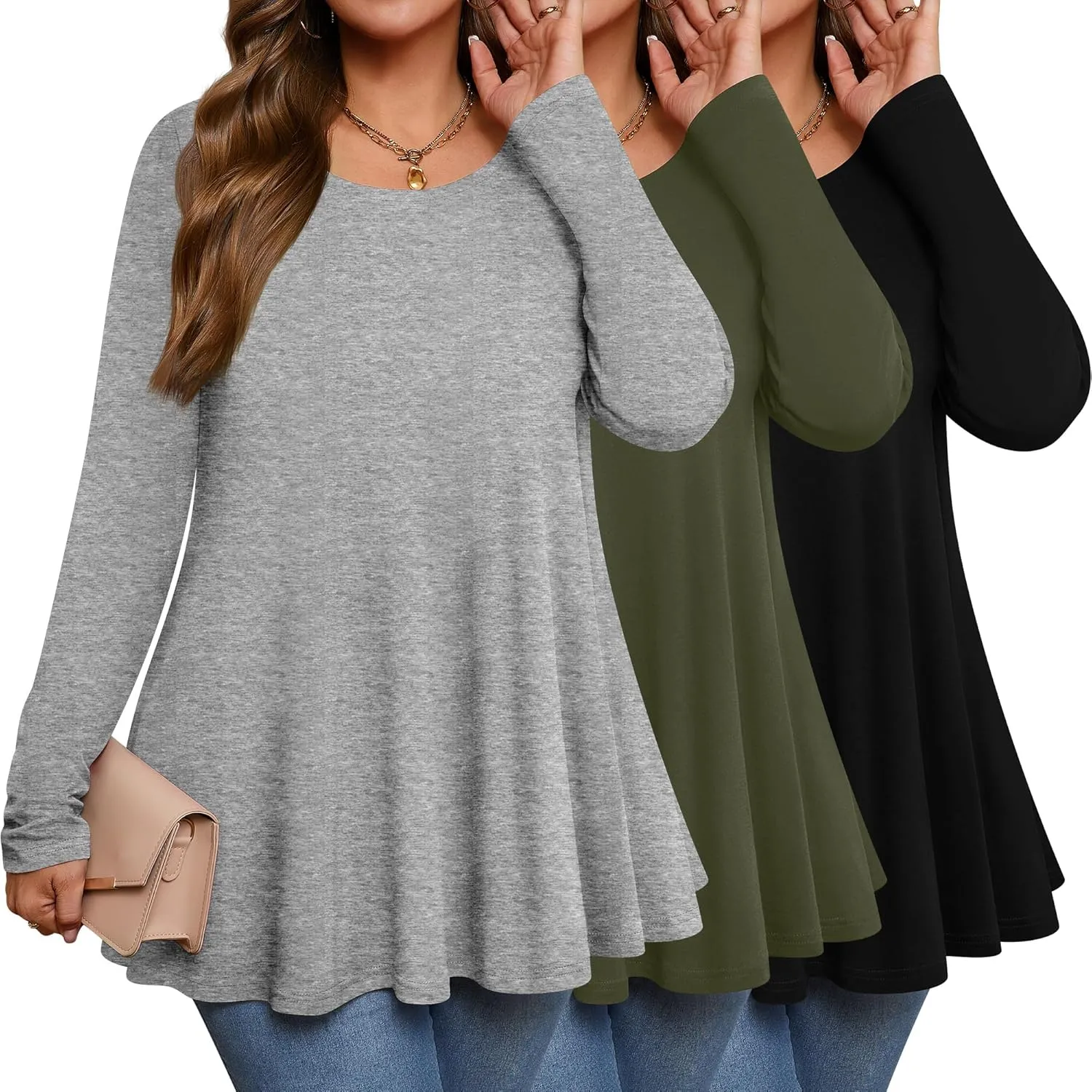 3 Pack Women's Plus Size Tunic Top Casual Long Sleeve Shirts Knitted Loose Fit Blouse Wear with Leggings