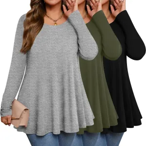 3 Pack Women's Plus Size Tunic Top Casual Long Sleeve Shirts Knitted Loose Fit Blouse Wear with Leggings