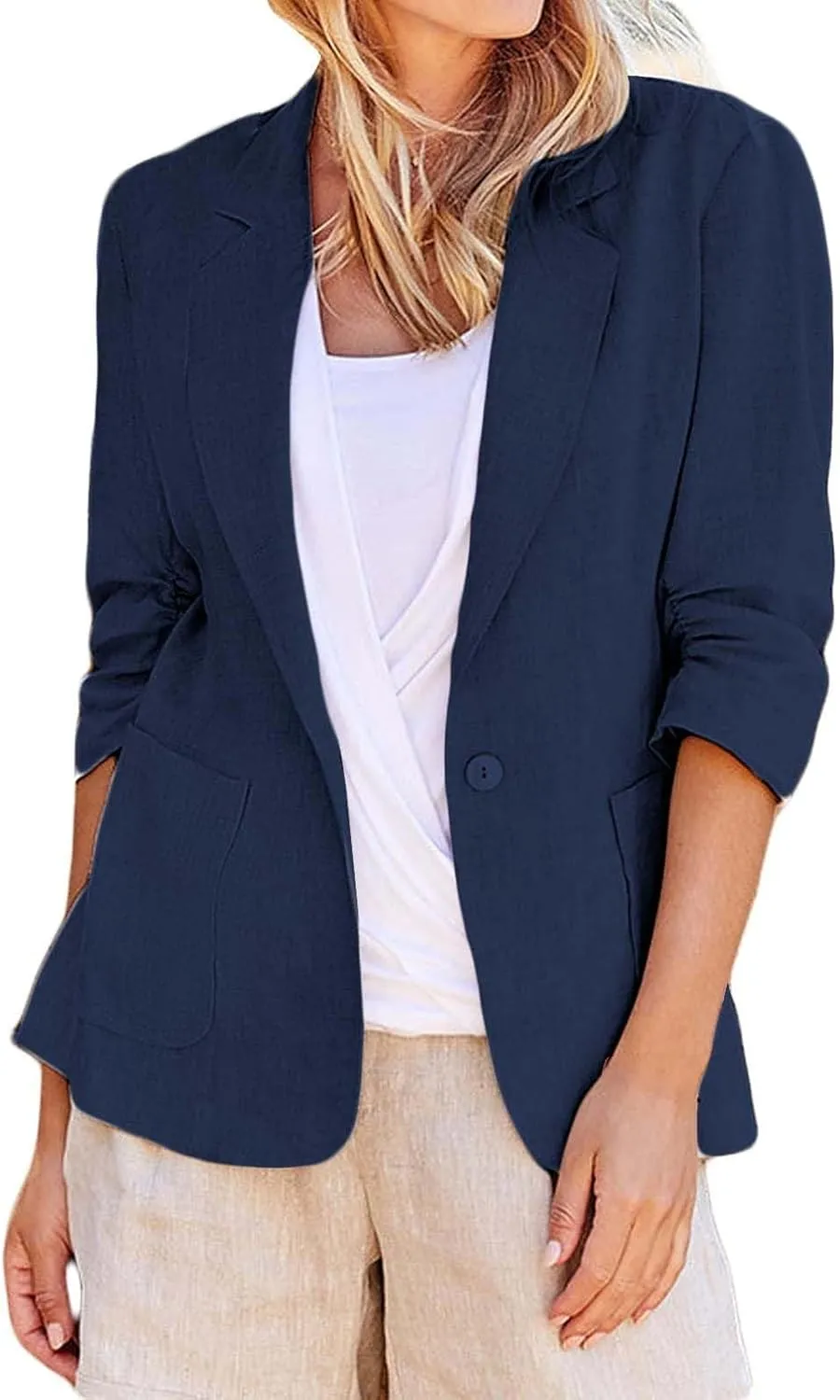 3/4 Ruched Sleeve Blazer for Women Long Sleeve Open Front Notched Collar Jacket One Button Cotton Linen Cardigan Coats