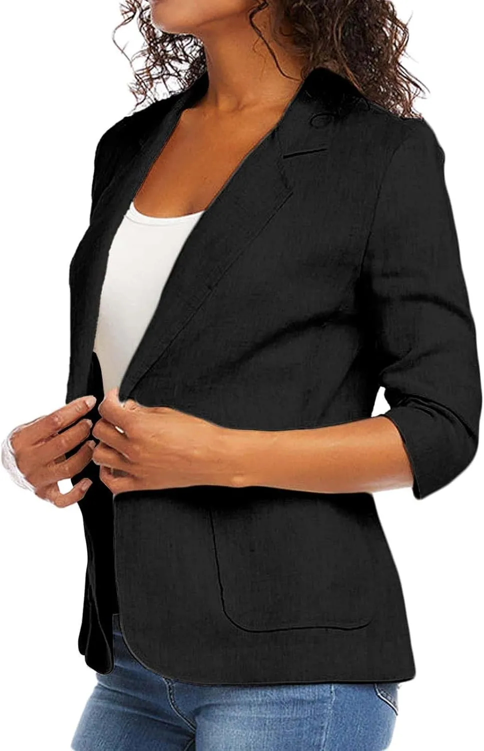 3/4 Ruched Sleeve Blazer for Women Long Sleeve Open Front Notched Collar Jacket One Button Cotton Linen Cardigan Coats
