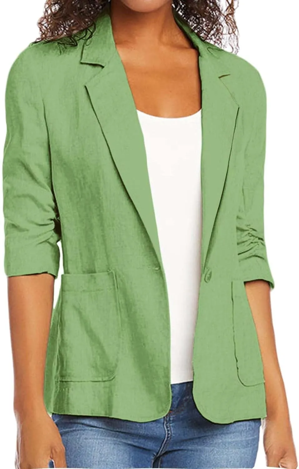 3/4 Ruched Sleeve Blazer for Women Long Sleeve Open Front Notched Collar Jacket One Button Cotton Linen Cardigan Coats
