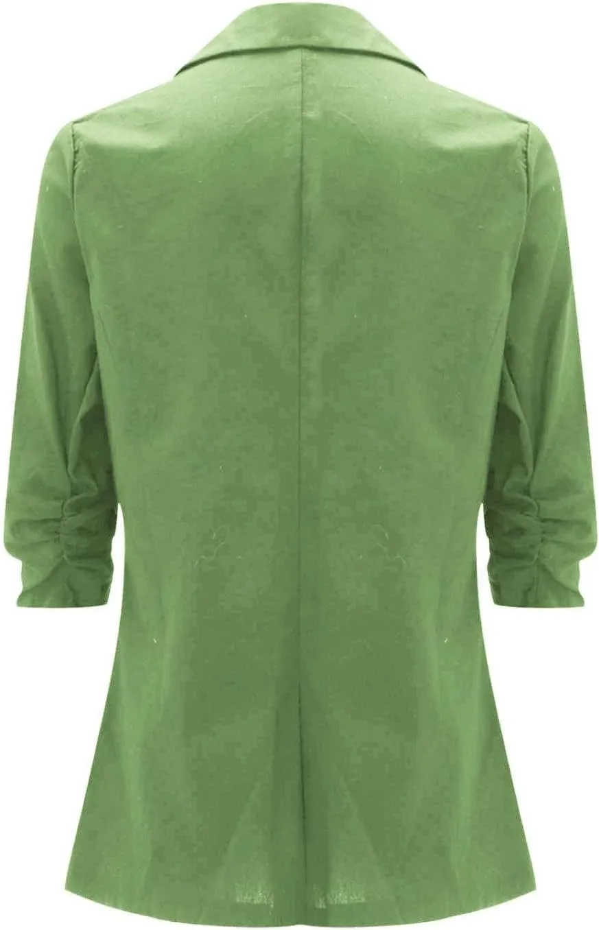 3/4 Ruched Sleeve Blazer for Women Long Sleeve Open Front Notched Collar Jacket One Button Cotton Linen Cardigan Coats