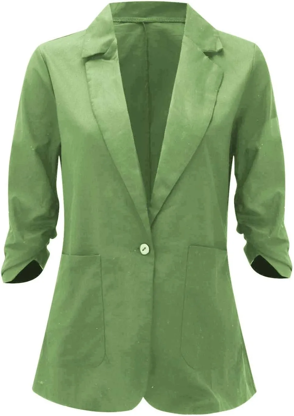3/4 Ruched Sleeve Blazer for Women Long Sleeve Open Front Notched Collar Jacket One Button Cotton Linen Cardigan Coats