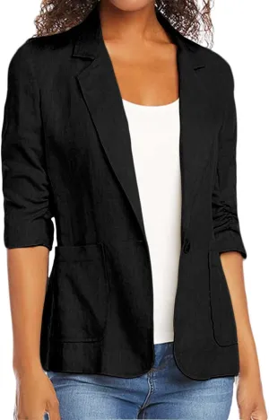 3/4 Ruched Sleeve Blazer for Women Long Sleeve Open Front Notched Collar Jacket One Button Cotton Linen Cardigan Coats