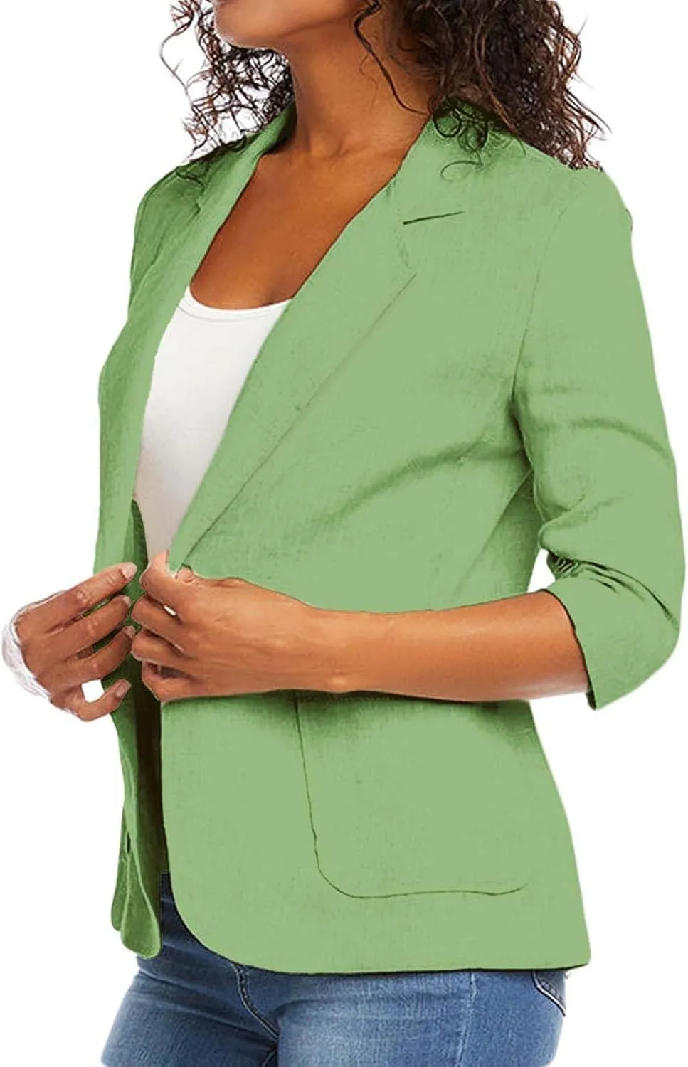 3/4 Ruched Sleeve Blazer for Women Long Sleeve Open Front Notched Collar Jacket One Button Cotton Linen Cardigan Coats