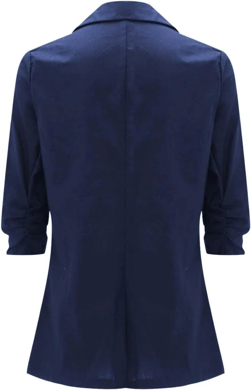3/4 Ruched Sleeve Blazer for Women Long Sleeve Open Front Notched Collar Jacket One Button Cotton Linen Cardigan Coats