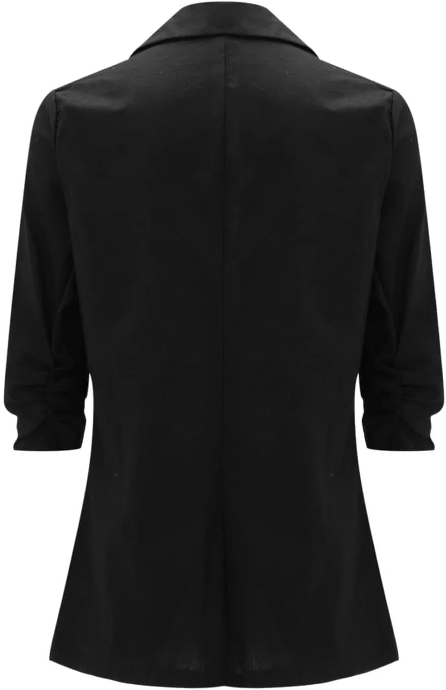 3/4 Ruched Sleeve Blazer for Women Long Sleeve Open Front Notched Collar Jacket One Button Cotton Linen Cardigan Coats