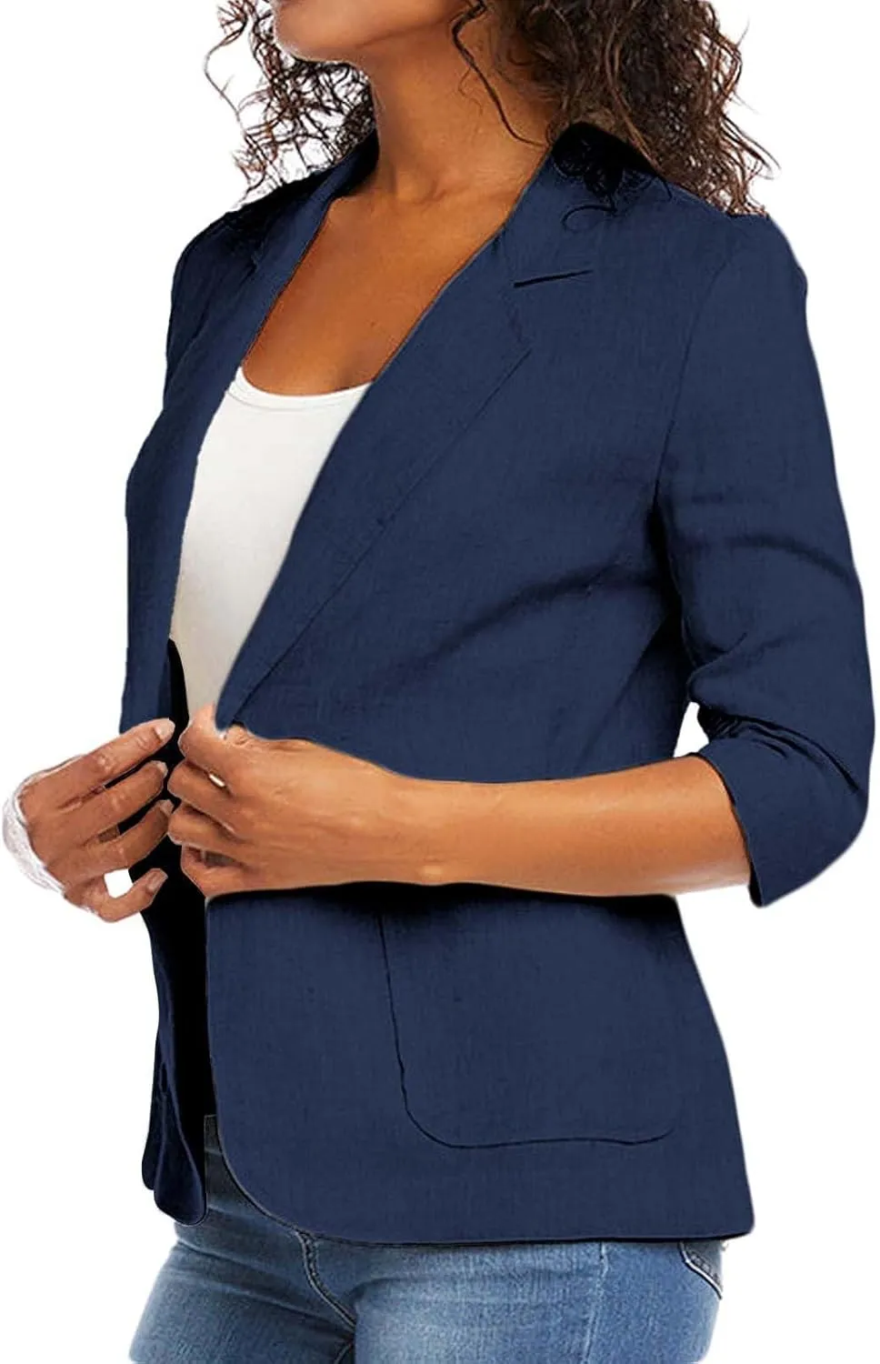 3/4 Ruched Sleeve Blazer for Women Long Sleeve Open Front Notched Collar Jacket One Button Cotton Linen Cardigan Coats