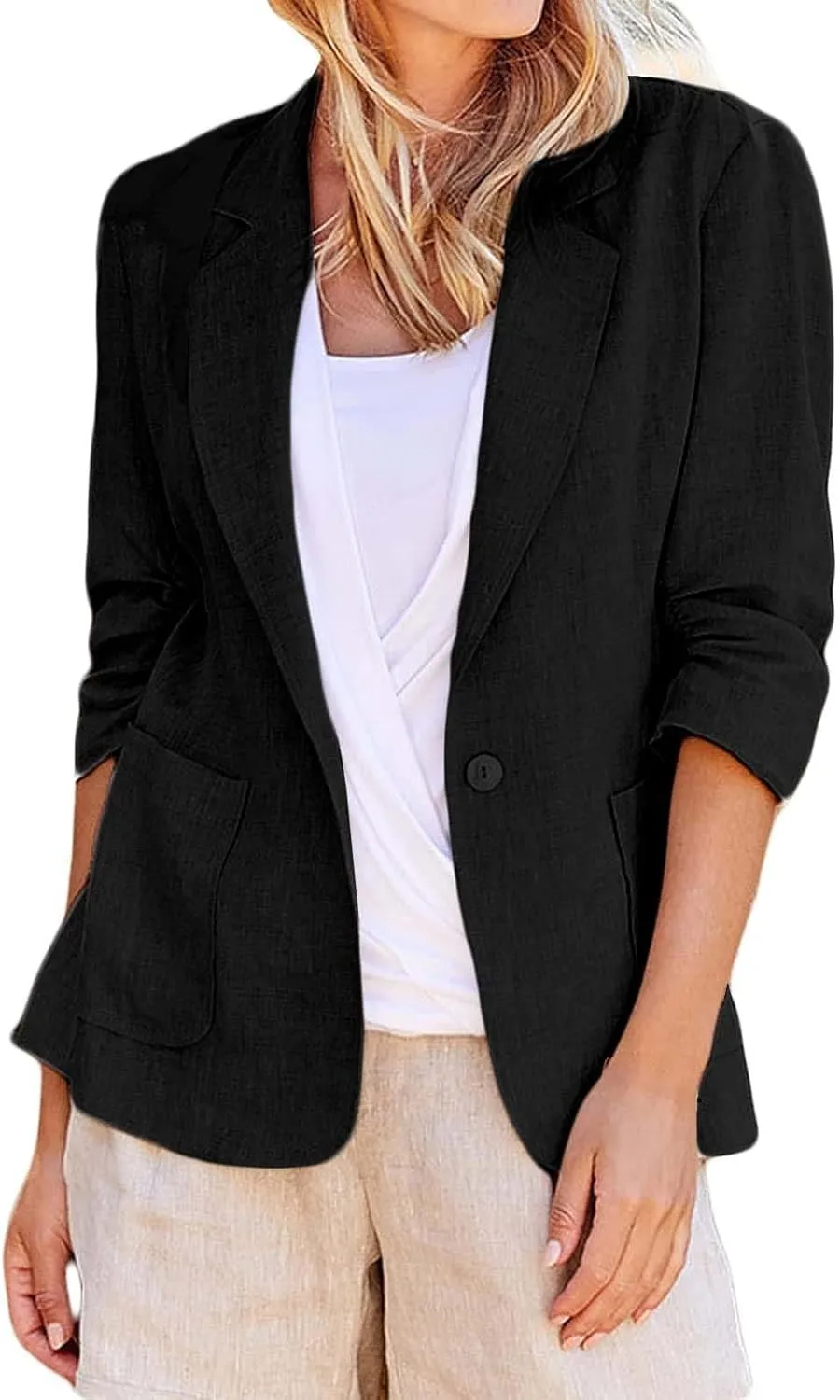 3/4 Ruched Sleeve Blazer for Women Long Sleeve Open Front Notched Collar Jacket One Button Cotton Linen Cardigan Coats
