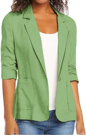 3/4 Ruched Sleeve Blazer for Women Long Sleeve Open Front Notched Collar Jacket One Button Cotton Linen Cardigan Coats