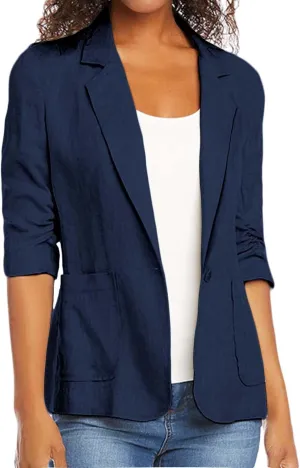 3/4 Ruched Sleeve Blazer for Women Long Sleeve Open Front Notched Collar Jacket One Button Cotton Linen Cardigan Coats
