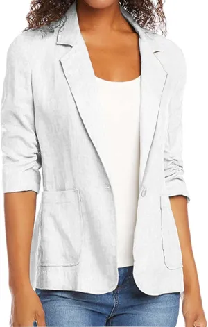3/4 Ruched Sleeve Blazer for Women Long Sleeve Open Front Notched Collar Jacket One Button Cotton Linen Cardigan Coats