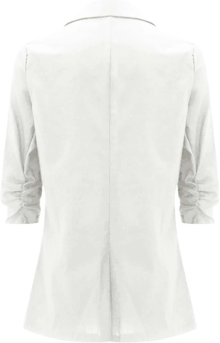 3/4 Ruched Sleeve Blazer for Women Long Sleeve Open Front Notched Collar Jacket One Button Cotton Linen Cardigan Coats