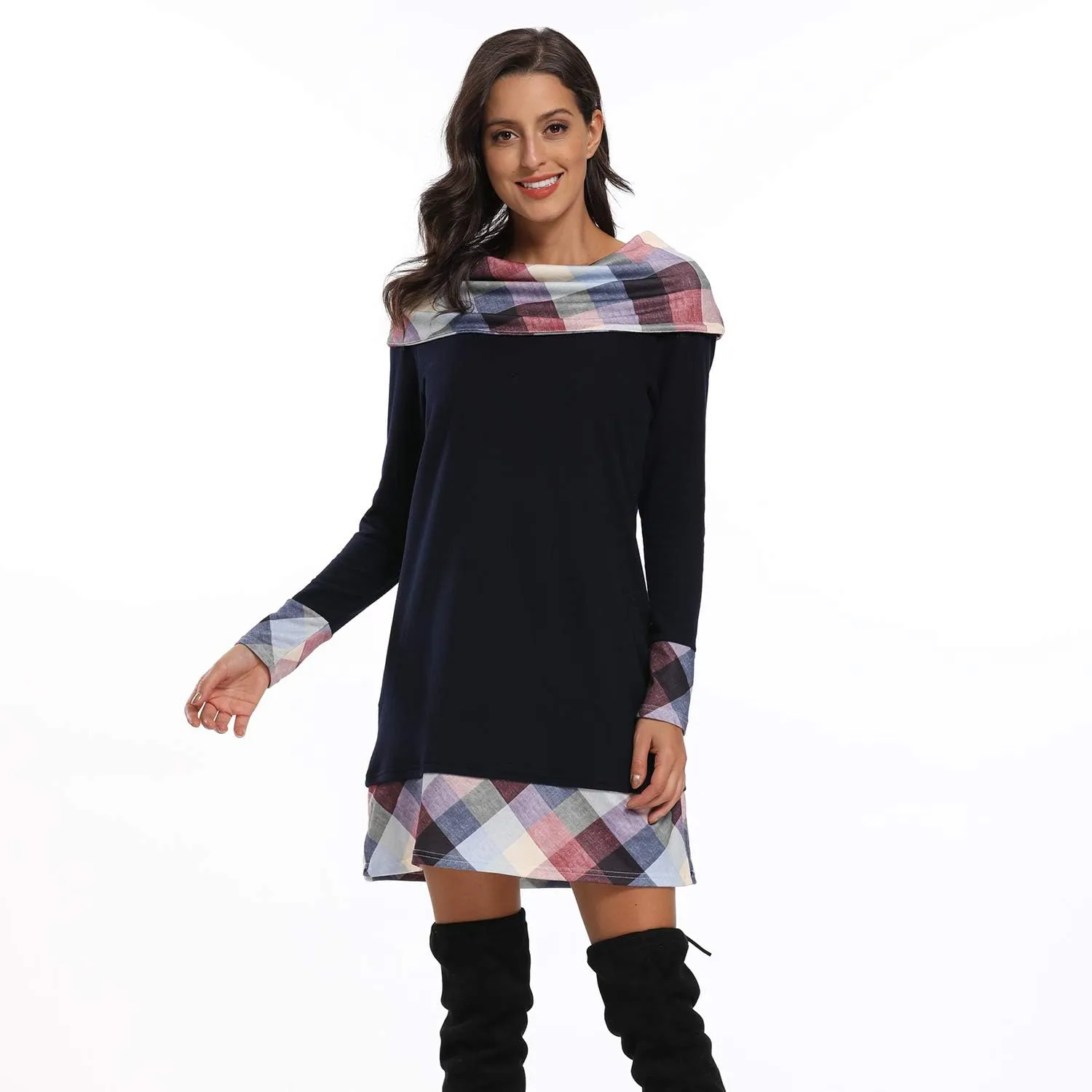 Alaster Queen Women's Long Sleeve Fall Dresses 2024 Trendy Casual Plaid Cowl Neck Winter Tunic Dress for Women