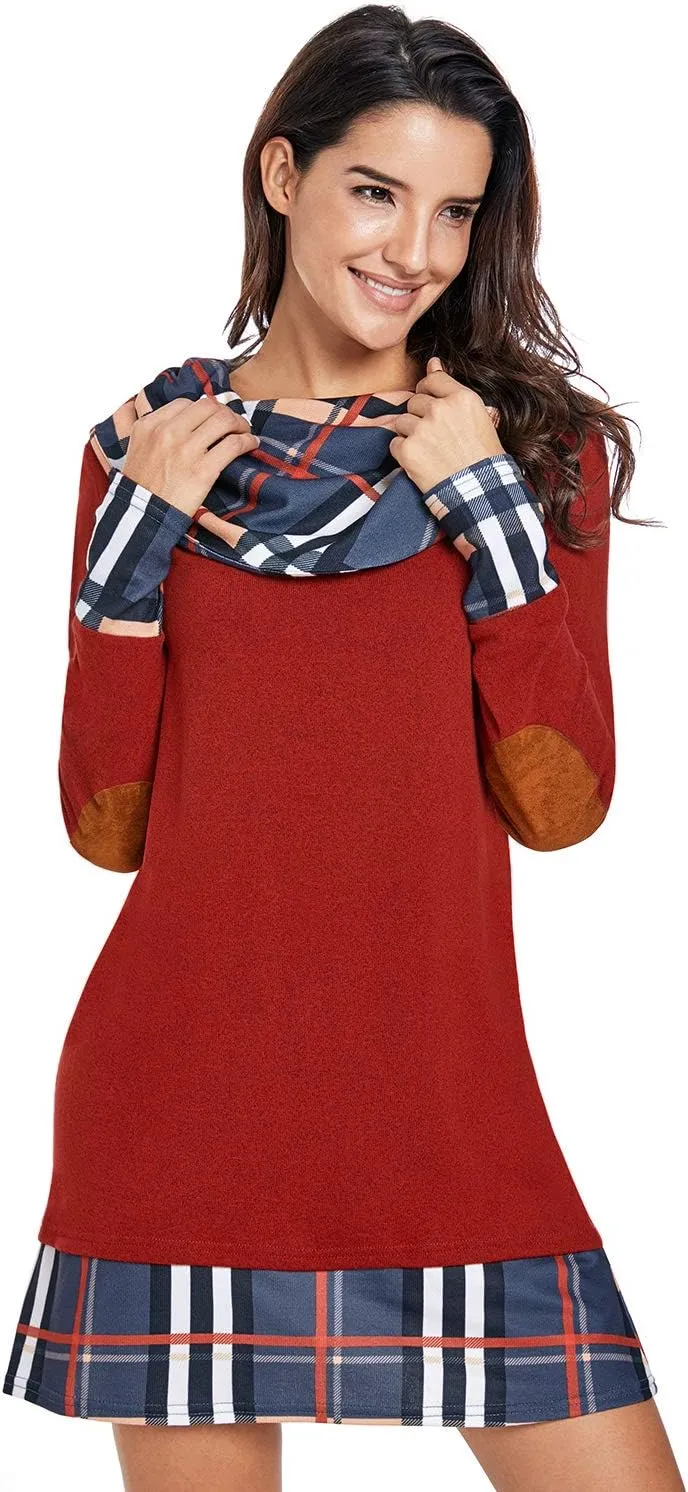 Alaster Queen Women's Long Sleeve Fall Dresses 2024 Trendy Casual Plaid Cowl Neck Winter Tunic Dress for Women