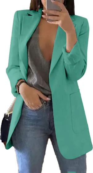 Andongnywell Womens Solid Color Casual Open Front Long Sleeve Work Office Jackets Blazer Suit with Pockets