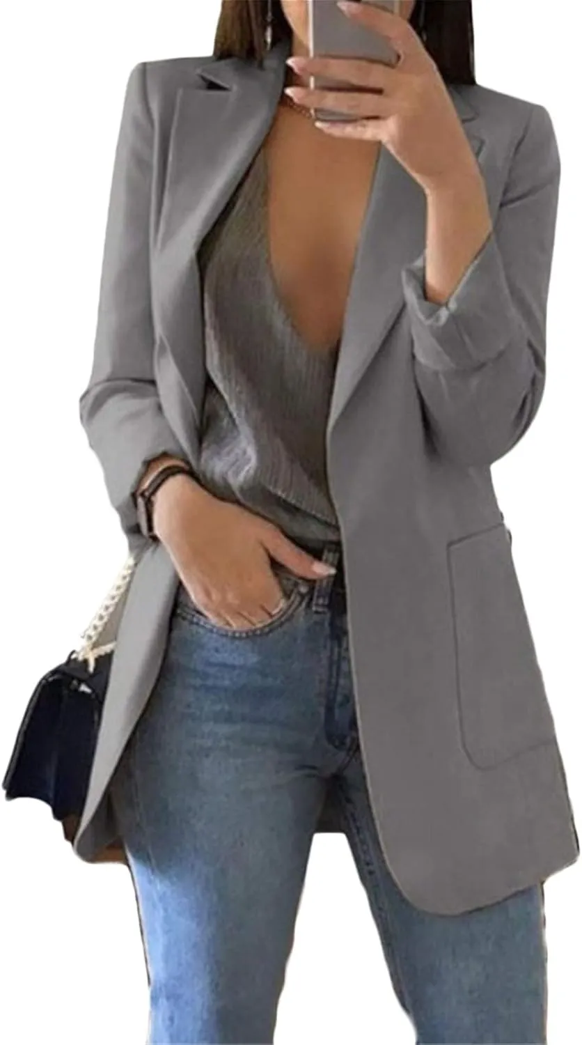 Andongnywell Womens Solid Color Casual Open Front Long Sleeve Work Office Jackets Blazer Suit with Pockets