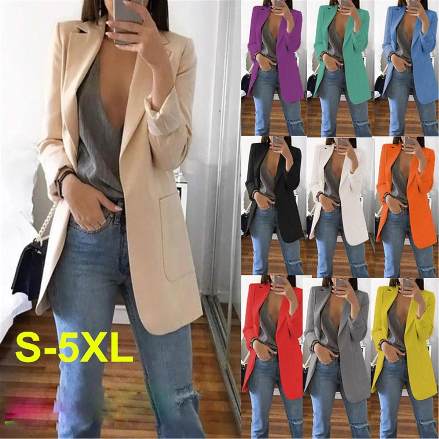 Andongnywell Womens Solid Color Casual Open Front Long Sleeve Work Office Jackets Blazer Suit with Pockets