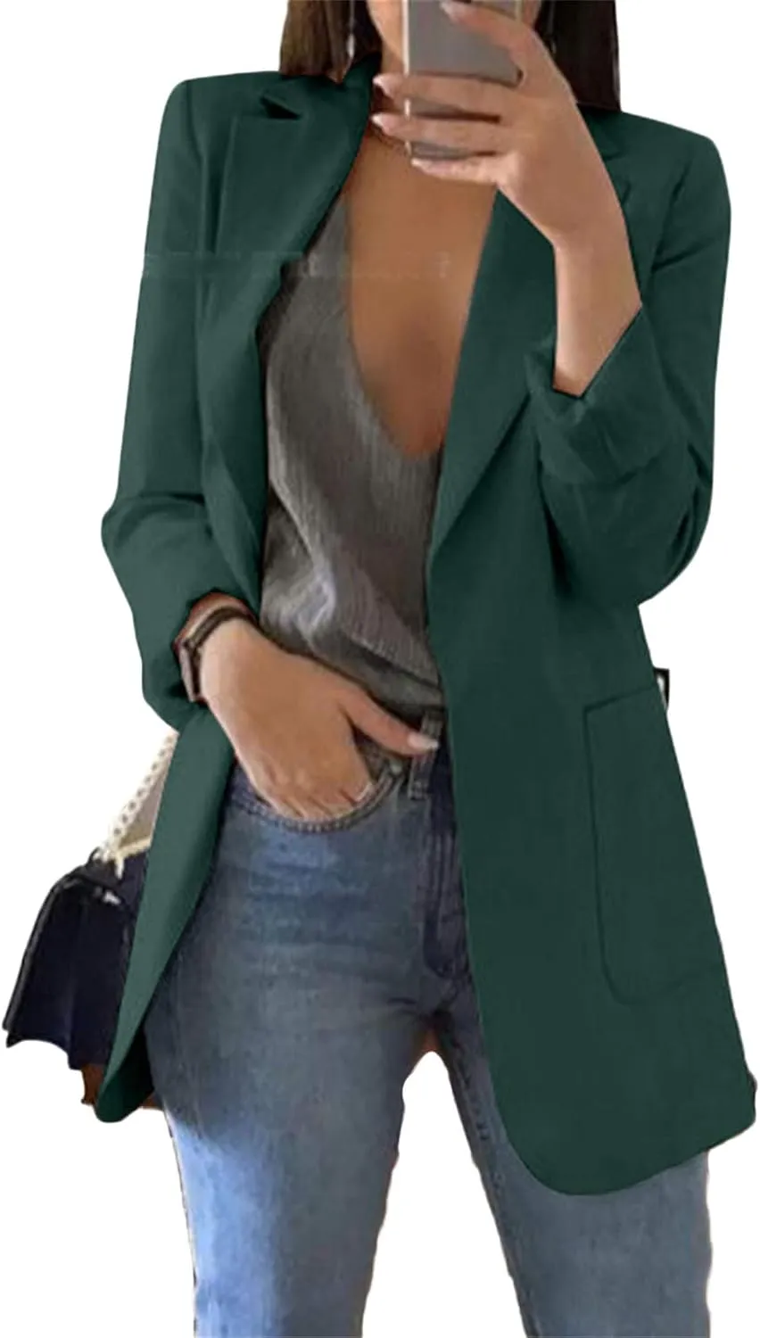 Andongnywell Womens Solid Color Casual Open Front Long Sleeve Work Office Jackets Blazer Suit with Pockets