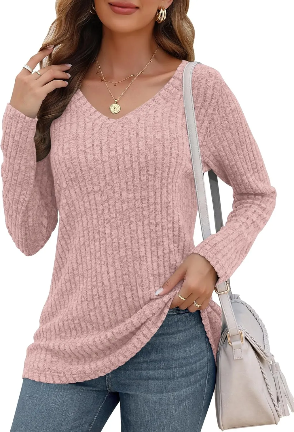 AUSELILY Womens Long Sleeve Tunic Tops Casual V Neck Lightweight Shirts Loose Sweatshirts 2025