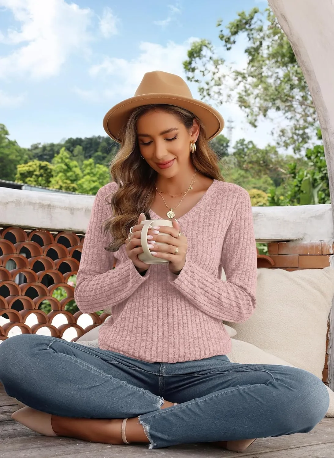 AUSELILY Womens Long Sleeve Tunic Tops Casual V Neck Lightweight Shirts Loose Sweatshirts 2025