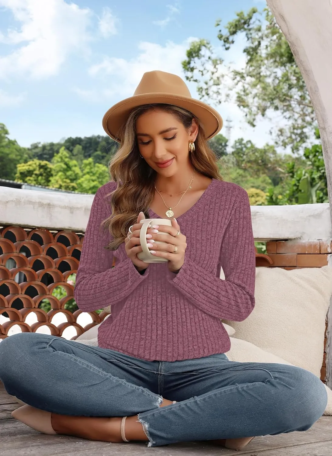 AUSELILY Womens Long Sleeve Tunic Tops Casual V Neck Lightweight Shirts Loose Sweatshirts 2025