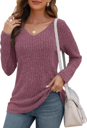 AUSELILY Womens Long Sleeve Tunic Tops Casual V Neck Lightweight Shirts Loose Sweatshirts 2025