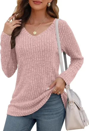AUSELILY Womens Long Sleeve Tunic Tops Casual V Neck Lightweight Shirts Loose Sweatshirts 2025