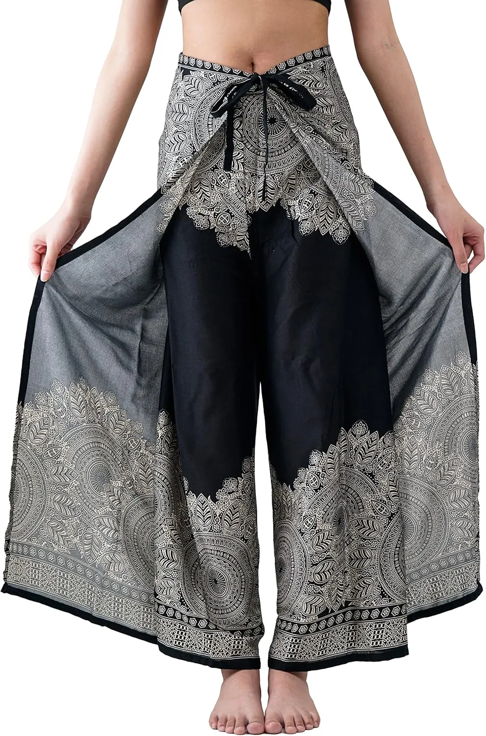 B BANGKOK PANTS Women's Boho Palazzo Pants Wide Leg Yoga Wrap Tie Up Waist