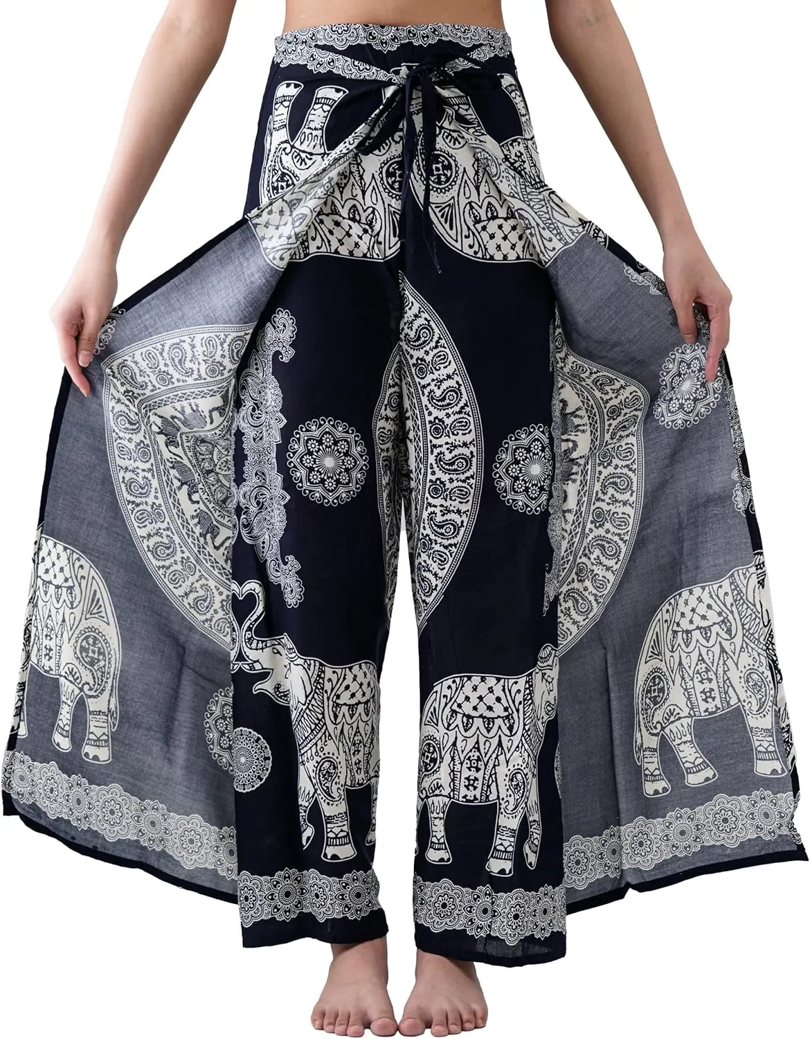 B BANGKOK PANTS Women's Boho Palazzo Pants Wide Leg Yoga Wrap Tie Up Waist