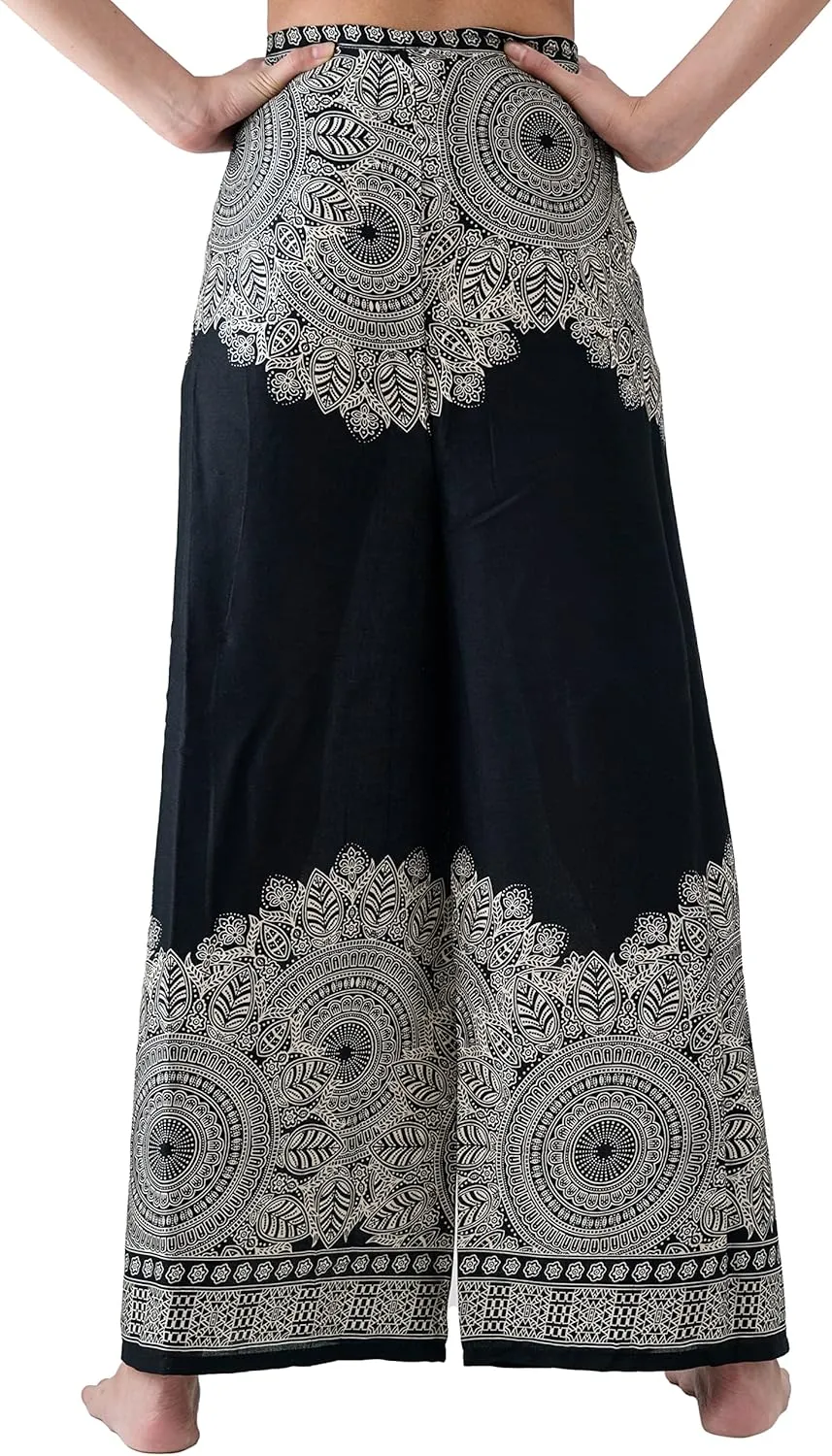 B BANGKOK PANTS Women's Boho Palazzo Pants Wide Leg Yoga Wrap Tie Up Waist