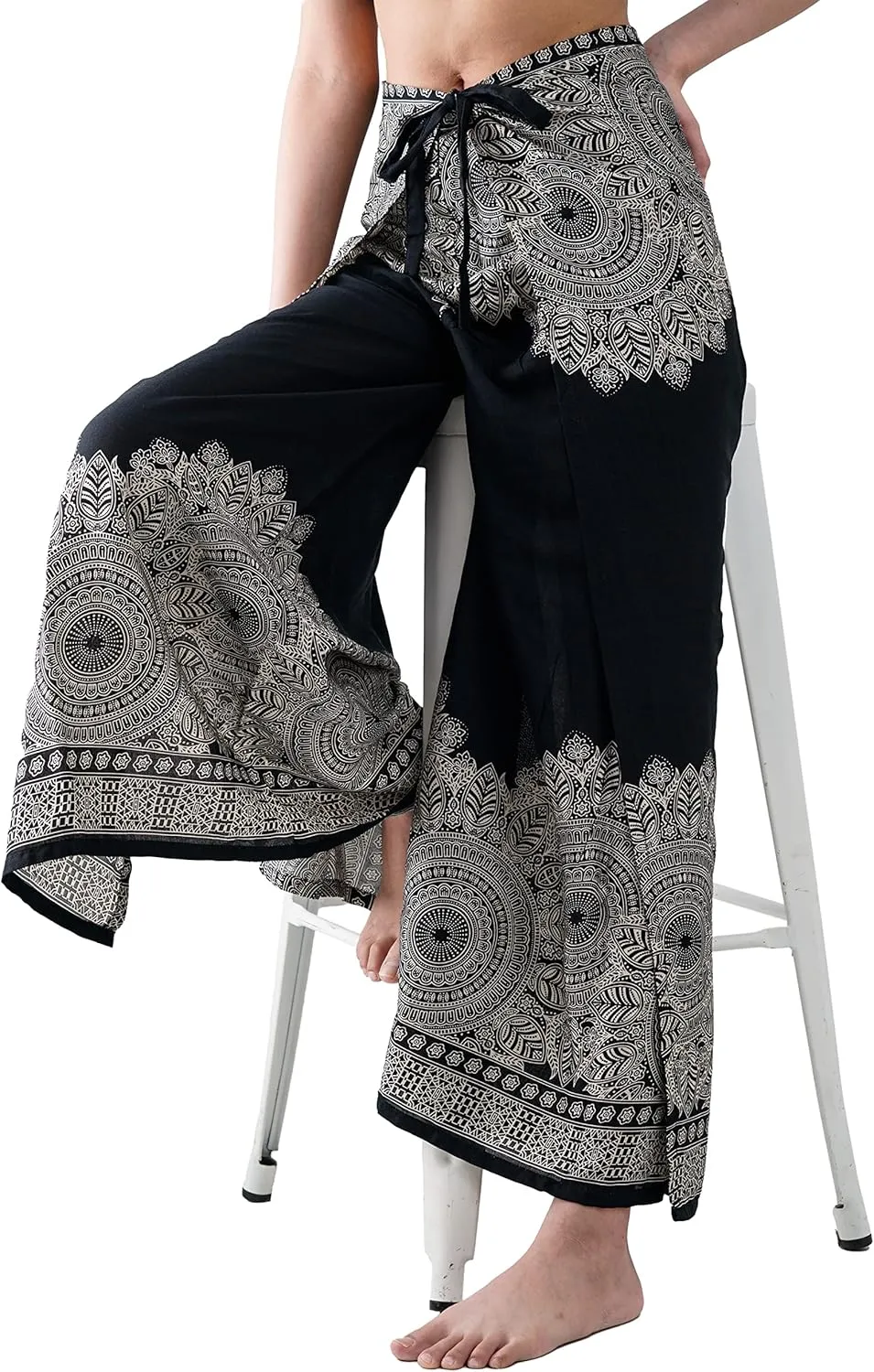 B BANGKOK PANTS Women's Boho Palazzo Pants Wide Leg Yoga Wrap Tie Up Waist