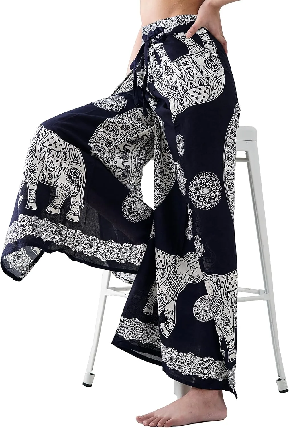 B BANGKOK PANTS Women's Boho Palazzo Pants Wide Leg Yoga Wrap Tie Up Waist