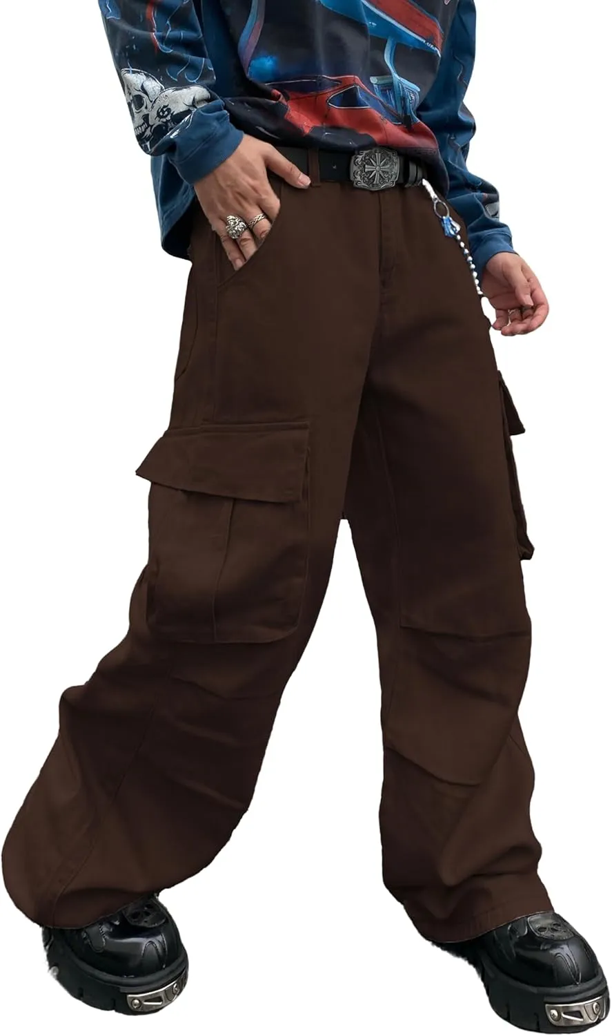 Baggy Denim Cargo Pants for Men with Pockets Mid Weight Wide Leg Hip Hop Skater Jeans Streetwear