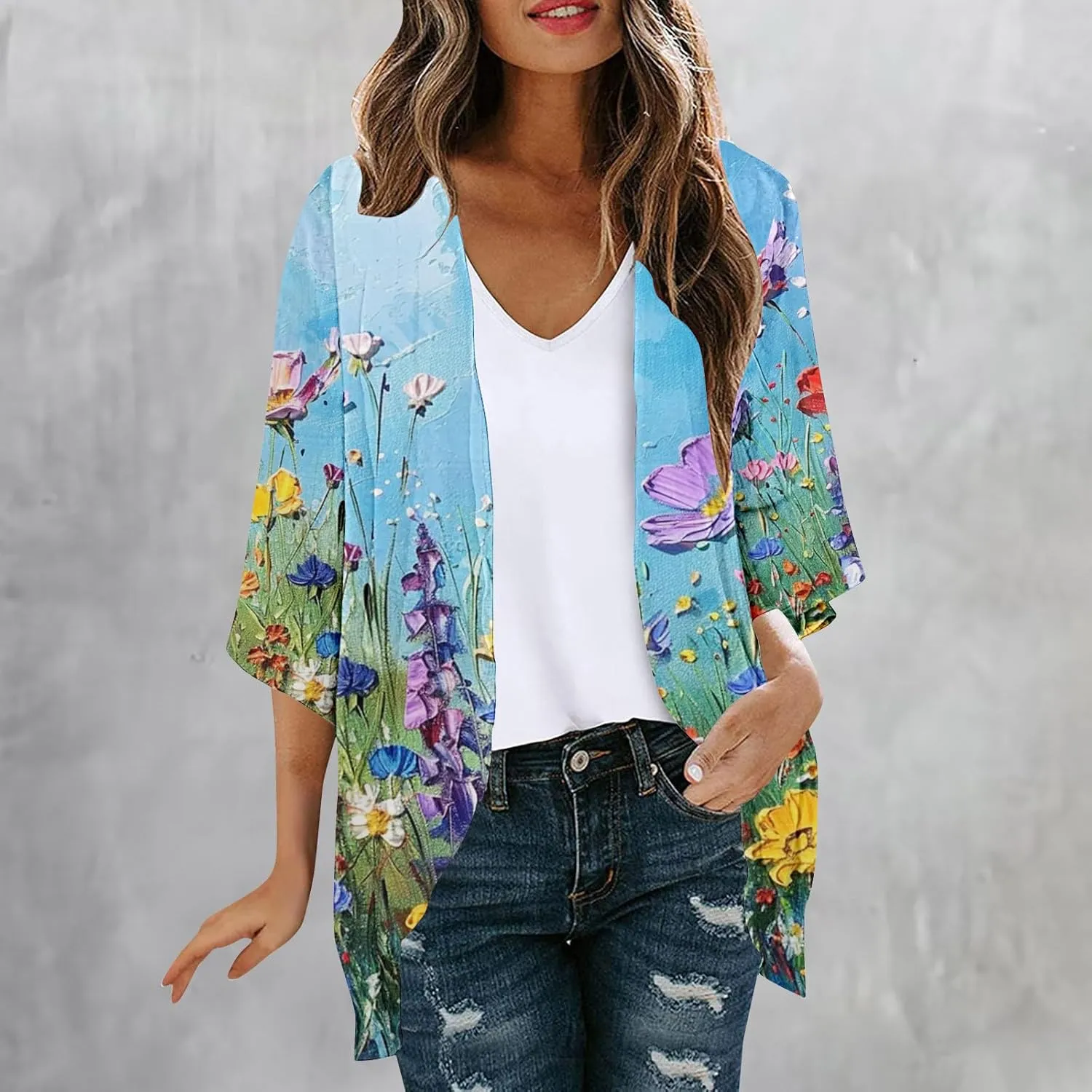 Beach Cover Ups for Women Summer Lightweight Floral Printed Chiffon Cardigan Dressy Casual Vacation Boho Blouses Tops
