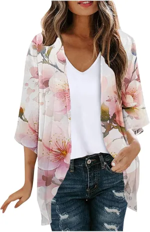 Beach Cover Ups for Women Summer Lightweight Floral Printed Chiffon Cardigan Dressy Casual Vacation Boho Blouses Tops