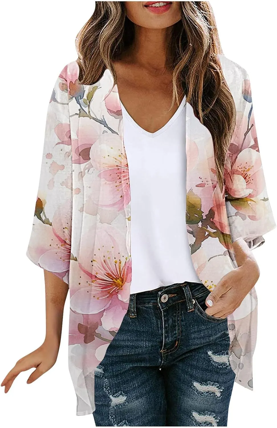 Beach Cover Ups for Women Summer Lightweight Floral Printed Chiffon Cardigan Dressy Casual Vacation Boho Blouses Tops