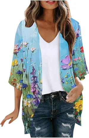 Beach Cover Ups for Women Summer Lightweight Floral Printed Chiffon Cardigan Dressy Casual Vacation Boho Blouses Tops