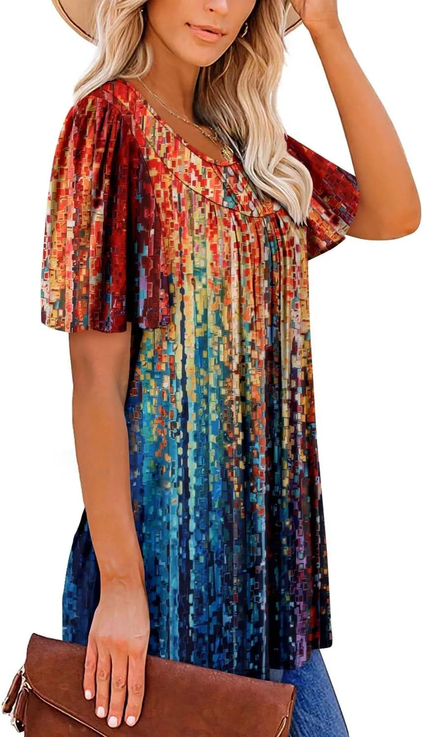 BETTE BOUTIK Women's Short Sleeve Summer Tunic Tops Flowy Flare Button Down Tunic Shirts Blouses S-3XL