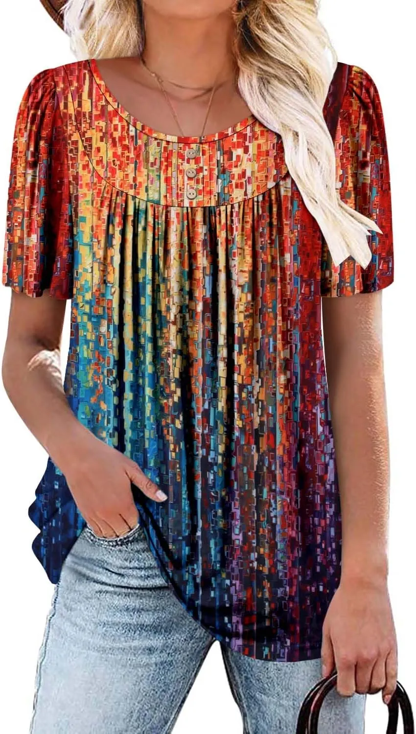 BETTE BOUTIK Women's Short Sleeve Summer Tunic Tops Flowy Flare Button Down Tunic Shirts Blouses S-3XL