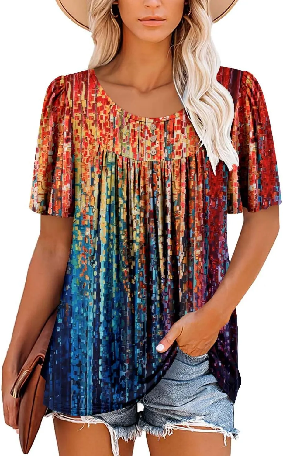 BETTE BOUTIK Women's Short Sleeve Summer Tunic Tops Flowy Flare Button Down Tunic Shirts Blouses S-3XL