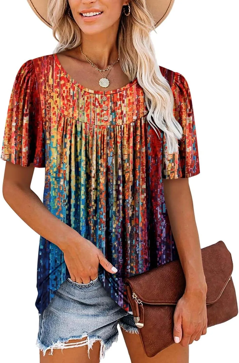BETTE BOUTIK Women's Short Sleeve Summer Tunic Tops Flowy Flare Button Down Tunic Shirts Blouses S-3XL
