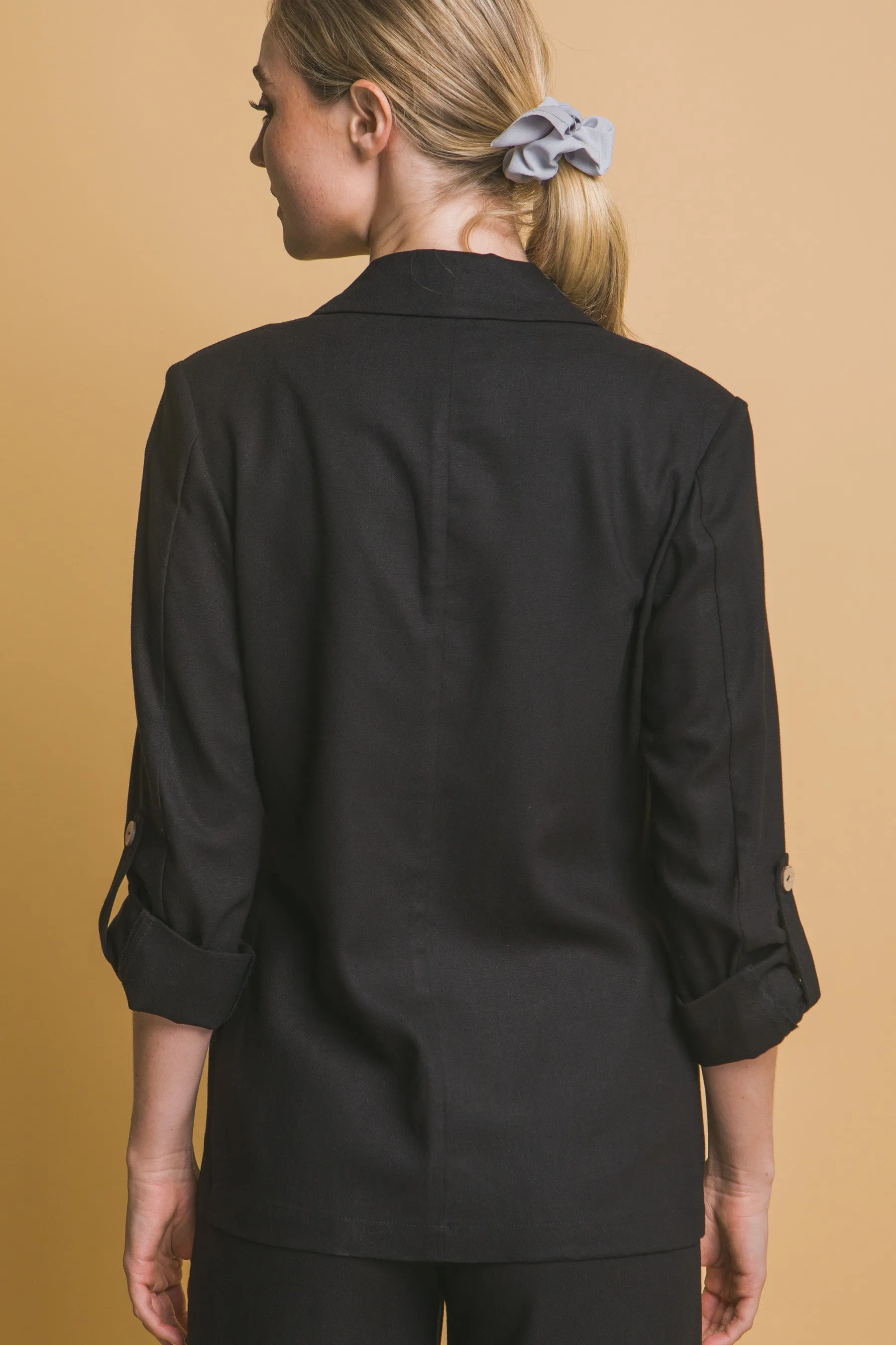 Black Linen Pick-Up Sleeve Blazer