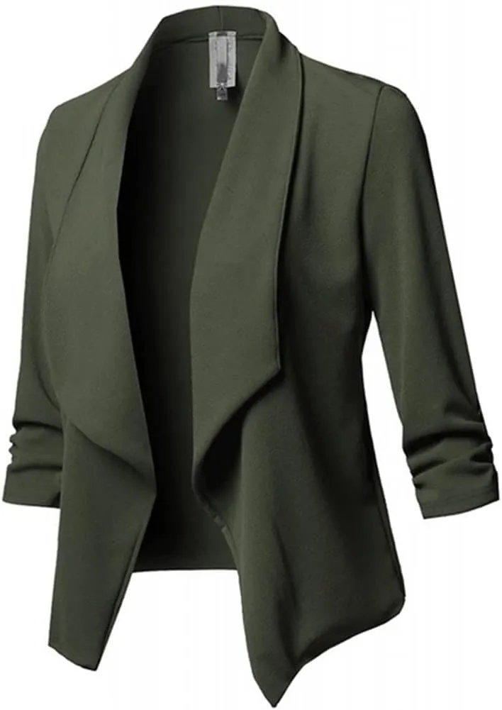 Blazers for Women Business - Womens Casual Ruched 3/4 Sleeve Open Front Tops Lightweight Work Office Blazer Jackets