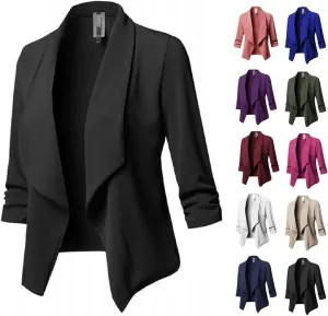 Blazers for Women Business - Womens Casual Ruched 3/4 Sleeve Open Front Tops Lightweight Work Office Blazer Jackets